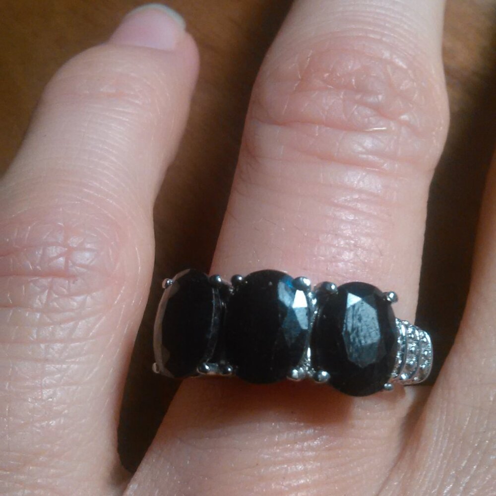 Midnight Sapphire Three Stone Stainless Steel Ring (Size 7) - Picture 10 of 14